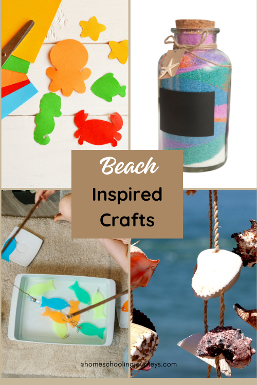 An image that shows crafts that can be made with sand, seashell or paper with the title Beach Inspired Crafts. 