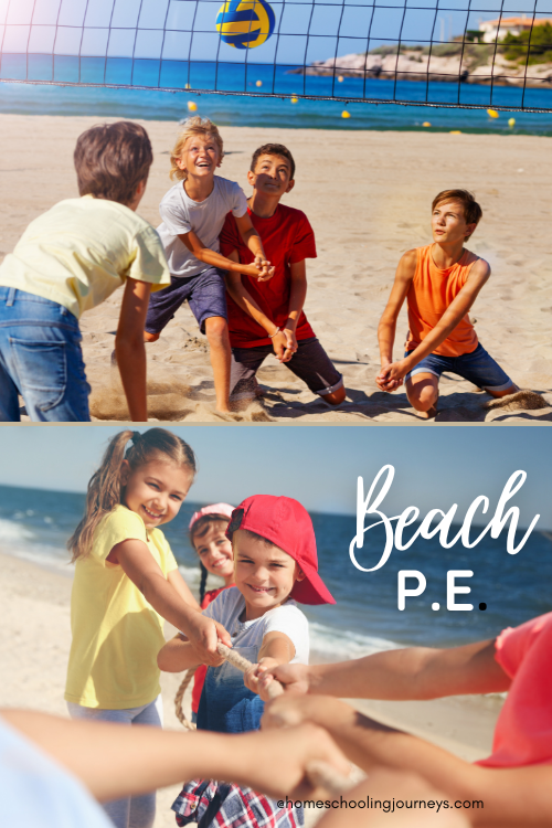 Two images that show children playing volleyball at the beach and tug of war at the beach. 