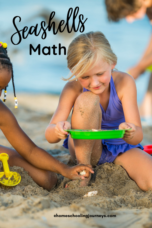 An image that shows a girl collecting shells with the title Seashells Math.  