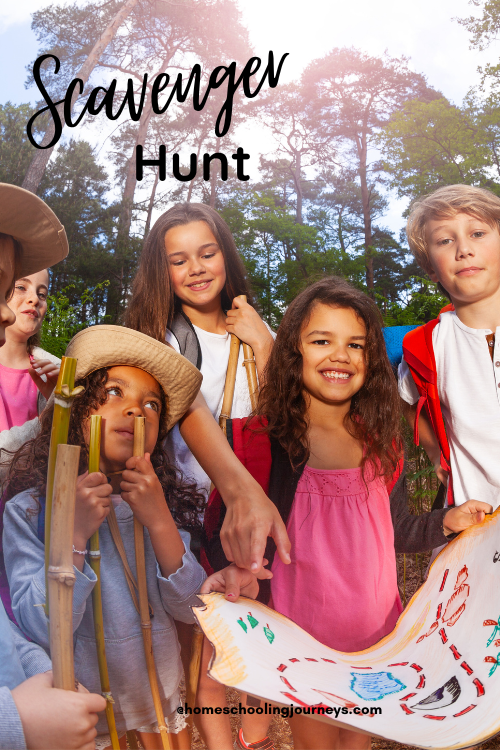 An image of kids with a treasure map with the title Scavenger Hunt.