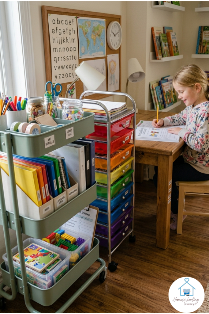 An image showing a child working at a desk with movable rolling carts that have organized school materials.