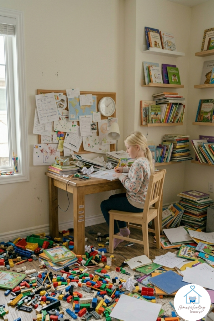 A unorganized homeschool room with materials and toys all over the room. 
