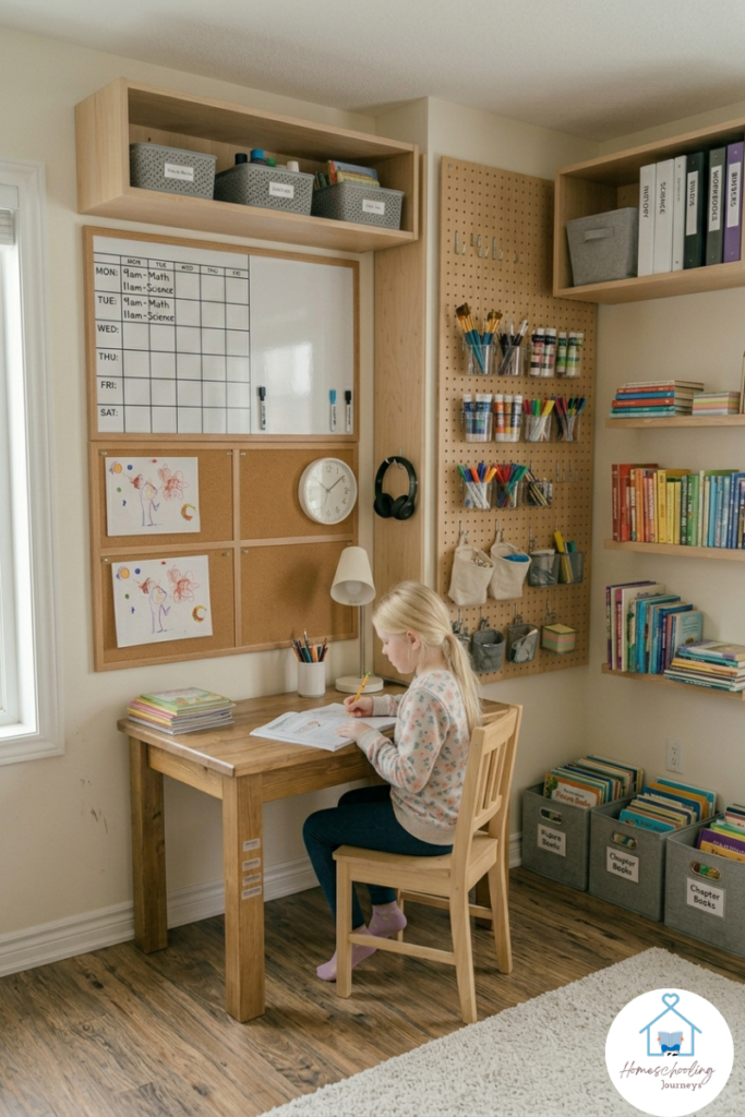 Image that shows a bulletin board organizing papers, a paper sorter on the wall, a bookshelf, a desk with pen and pencil organizer. 
