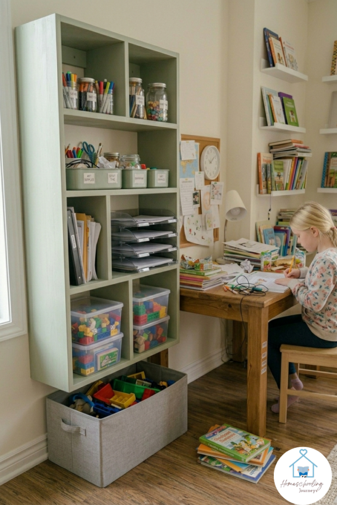 Image showing a child studying at a desk and materials neatly organized on shelves.  