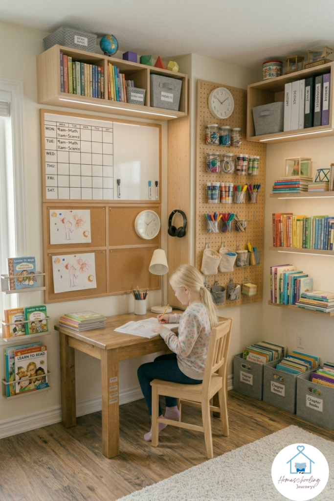 Image showing a homeshchool room utilizing space wisely to organize materials. 