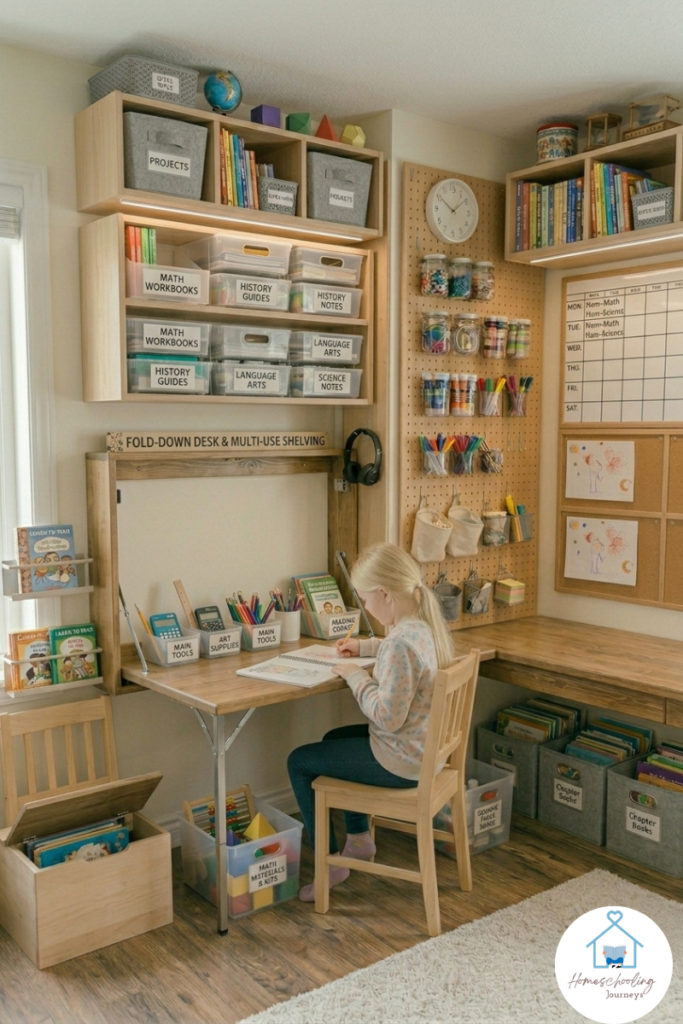 Image that shows a shelf using to store many school items and a fold up desk. 
