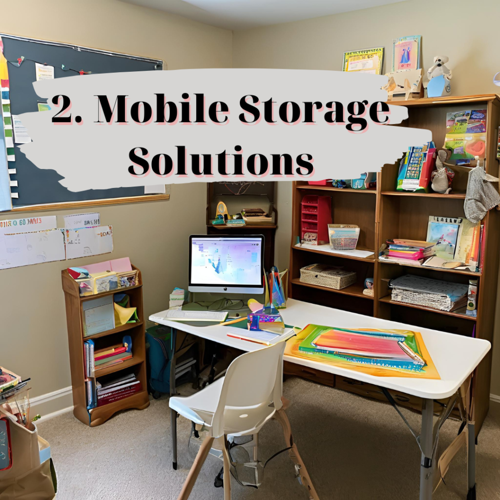 Image that shows homeschool classroom with moveable table, shelves.