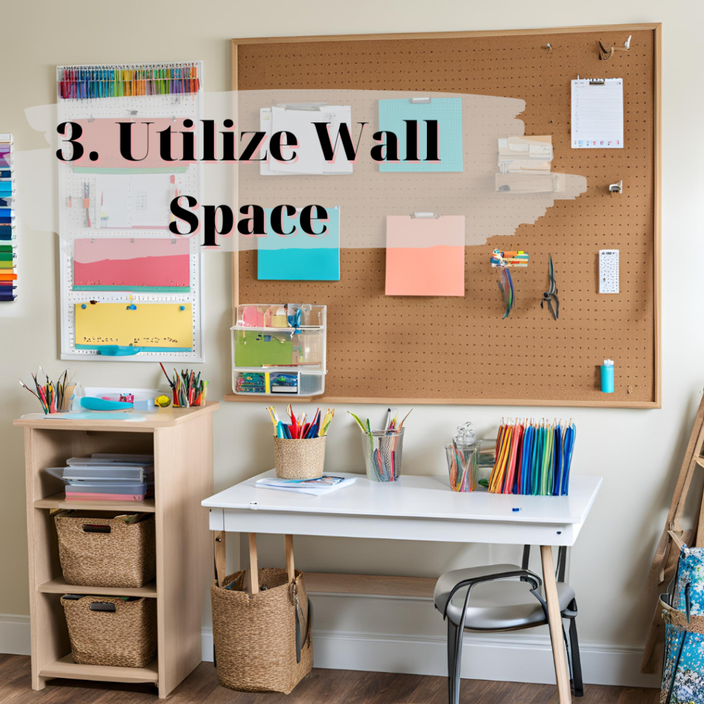 Image that shows a bulletin board organizing papers, a paper sorter on the wall, a bookshelf, a desk with pen and pencil organizer. 