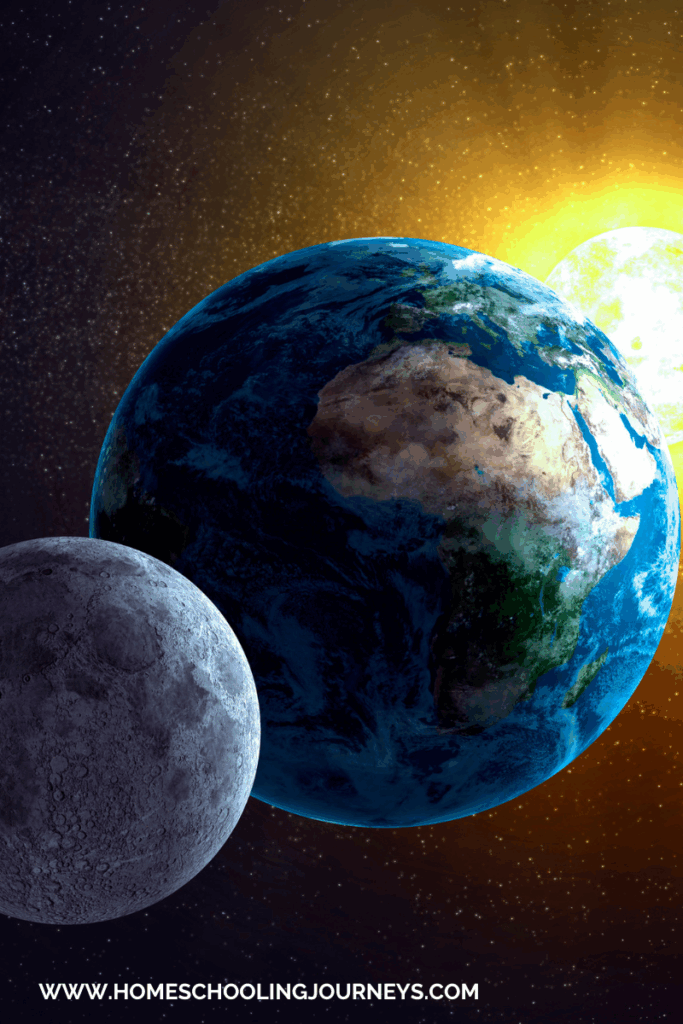 An image that shows the moon, Earth, and sun. 