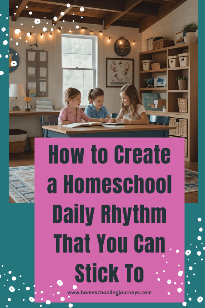An image of kids in a homeschool classroom sitting at a table and interacting, with the title of the blog post. 