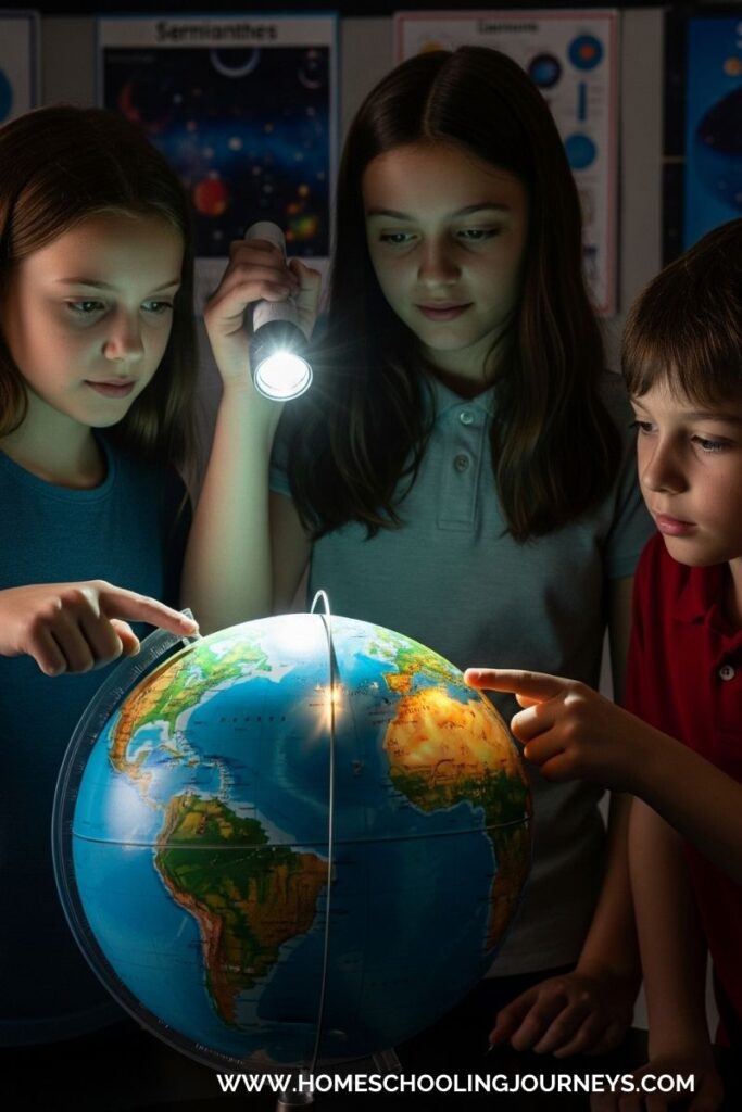 An image of kids using a flashlight on the globe.  