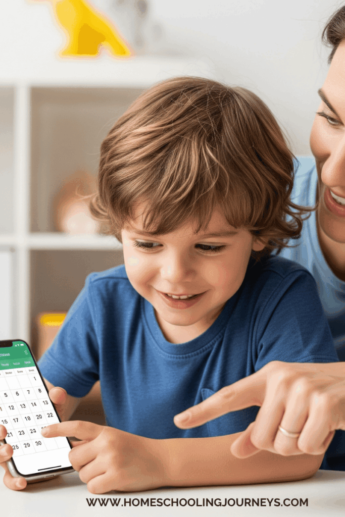 An image of a mother and son using the Iphone to set a daily schedule. 