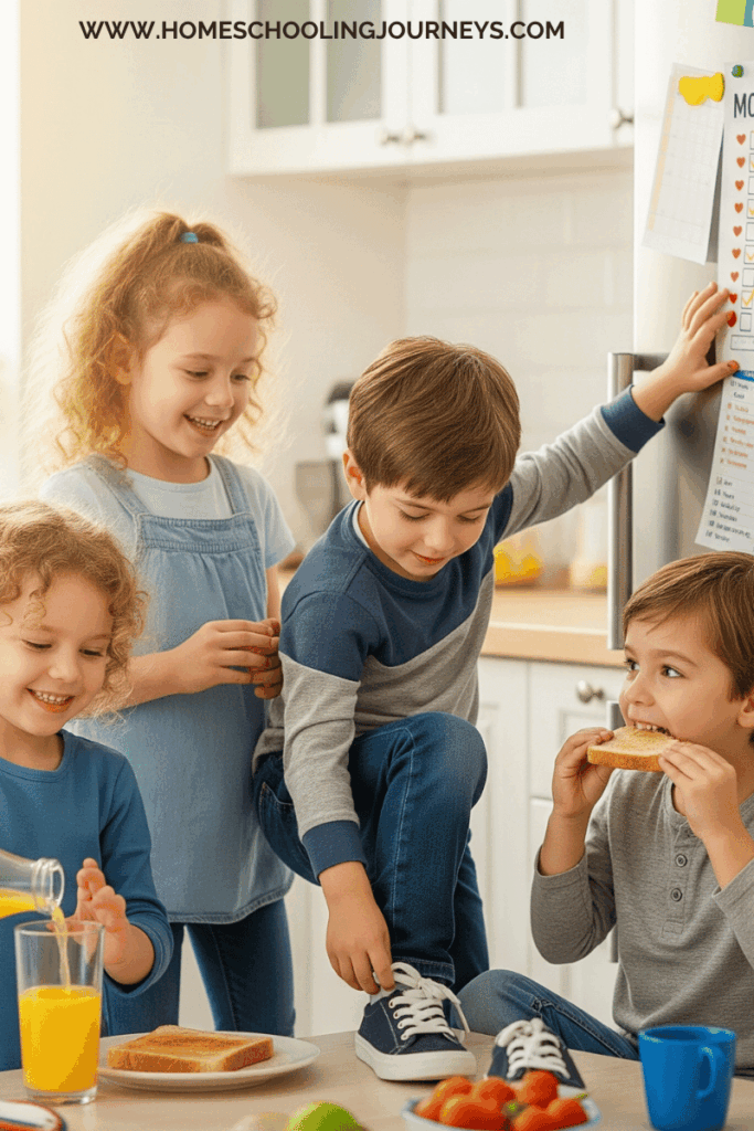 An image of kids having breakfast and looking at the daily schedule on fridge. 