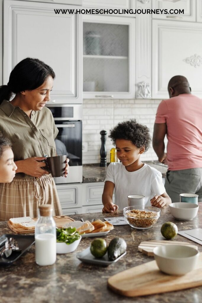 An image of kids making a healthy breakfast with mom. 