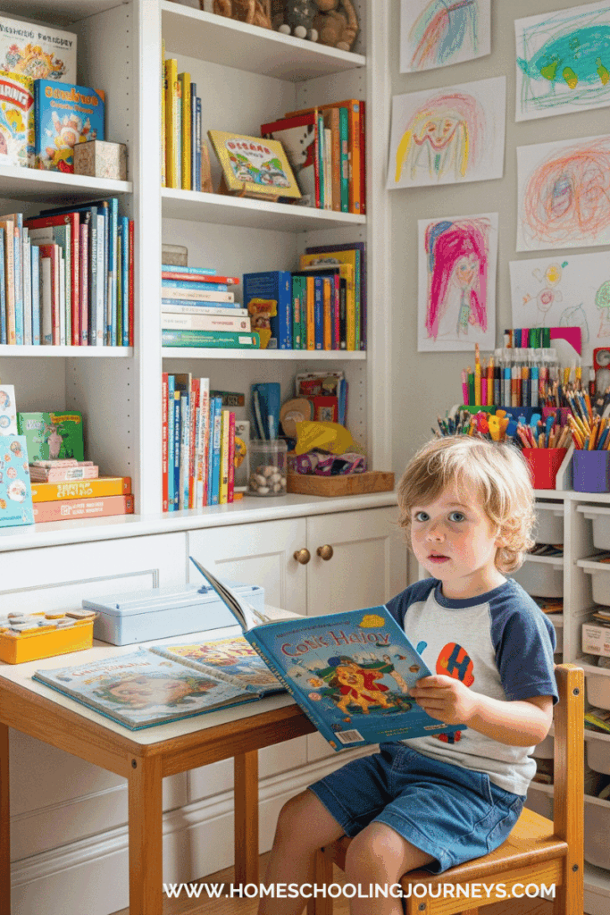 An image of a child in a homeschool class. Books on shelves, child's art on the wall, and supplies neatly organized on a cabinet. 