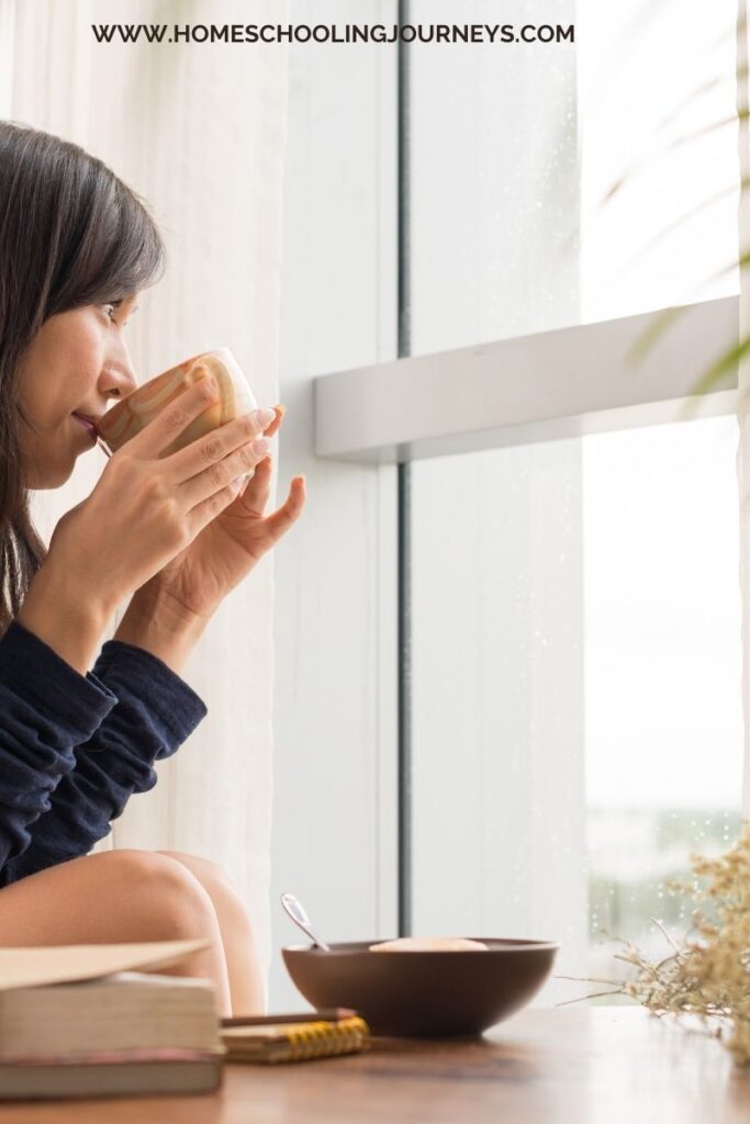 An image of a mom drinking coffee. 