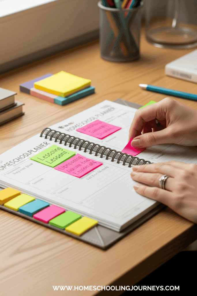 An image of a parent using a homeschool planner to plan daily lessons. 