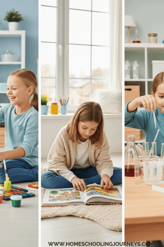 Three images of children learning in different ways. One through art, one through literature and one through hands-on science experiments. 