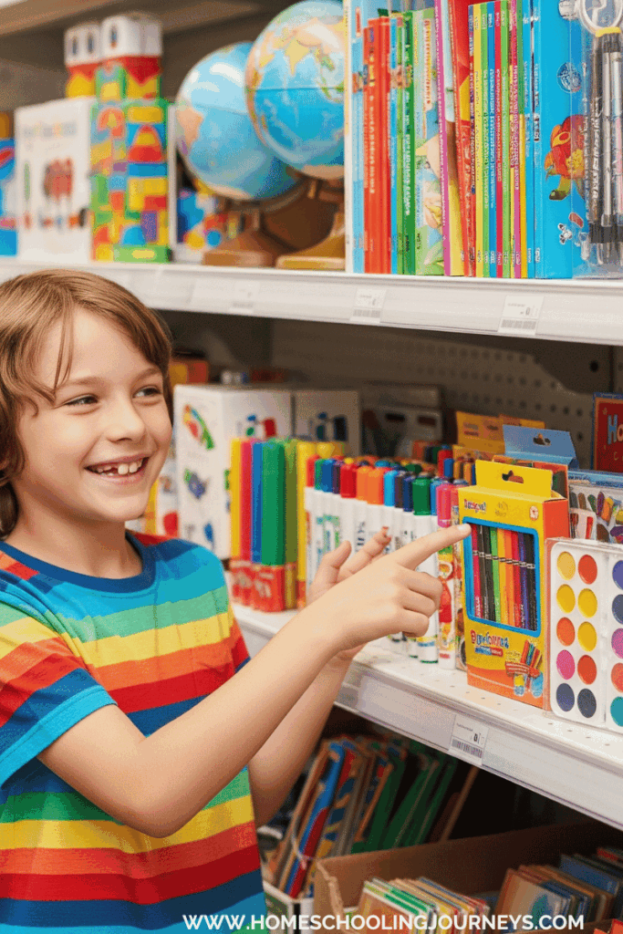 An image with. a child helping. to choose school supplies at the store. 