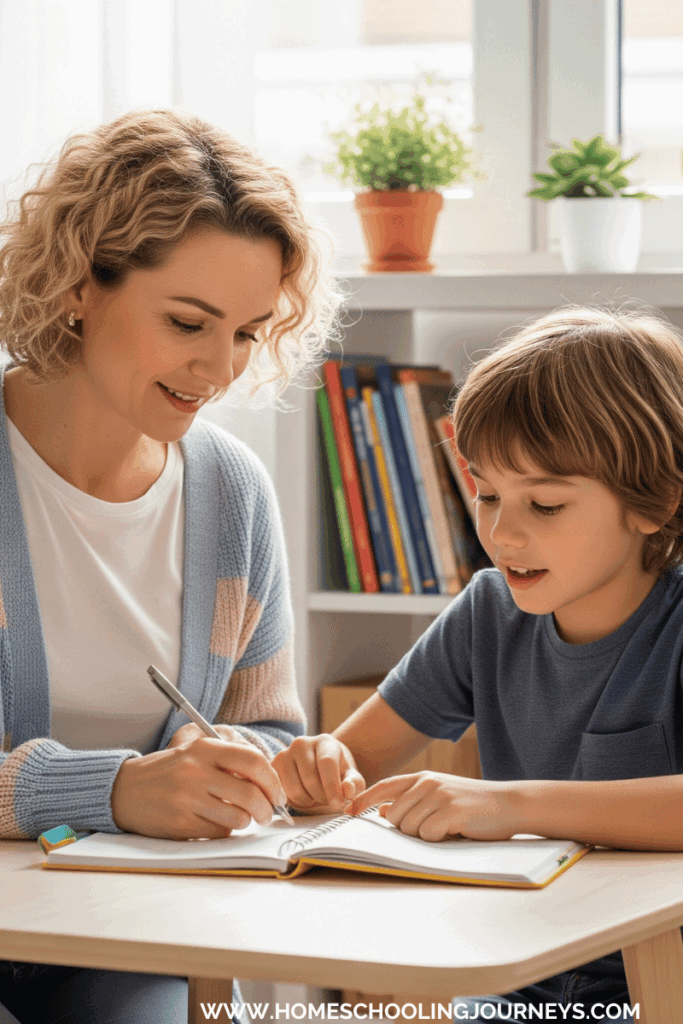 An image of a mother and child reflecting and writing in a journal. 