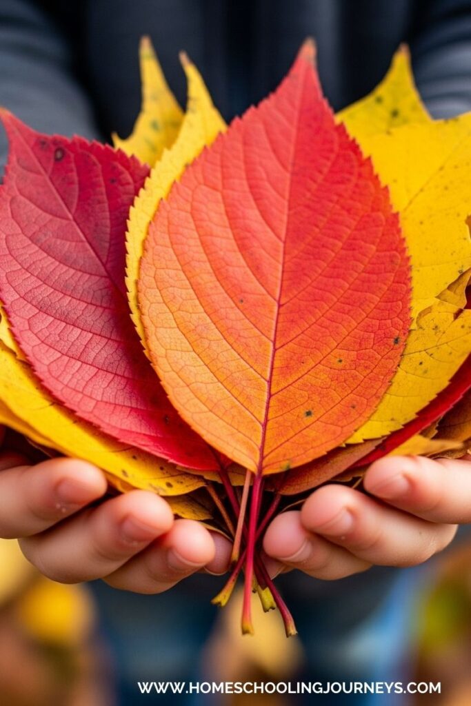 An image of a child holding colorful leaves. 