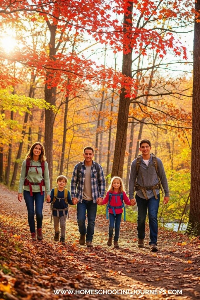 An image of a family hiking in the forest. 