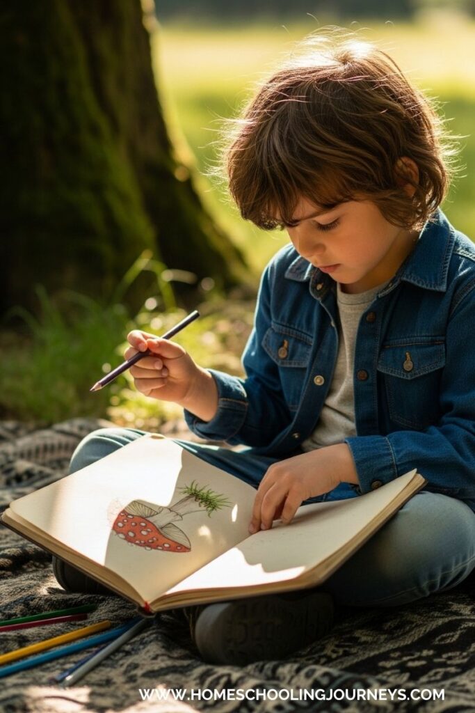 An image of a child  sitting outside and drawing a mushroom. 