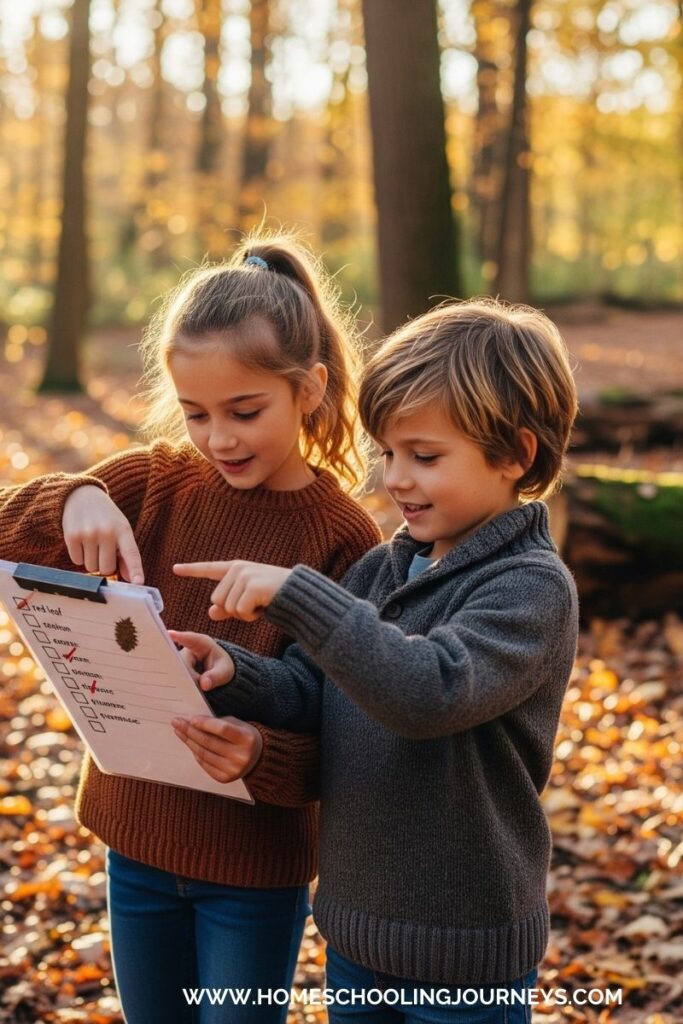 An image of children in the forest with a clipboard. 