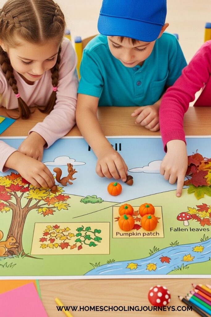 An image of children showing the ecosystem on a picture. 