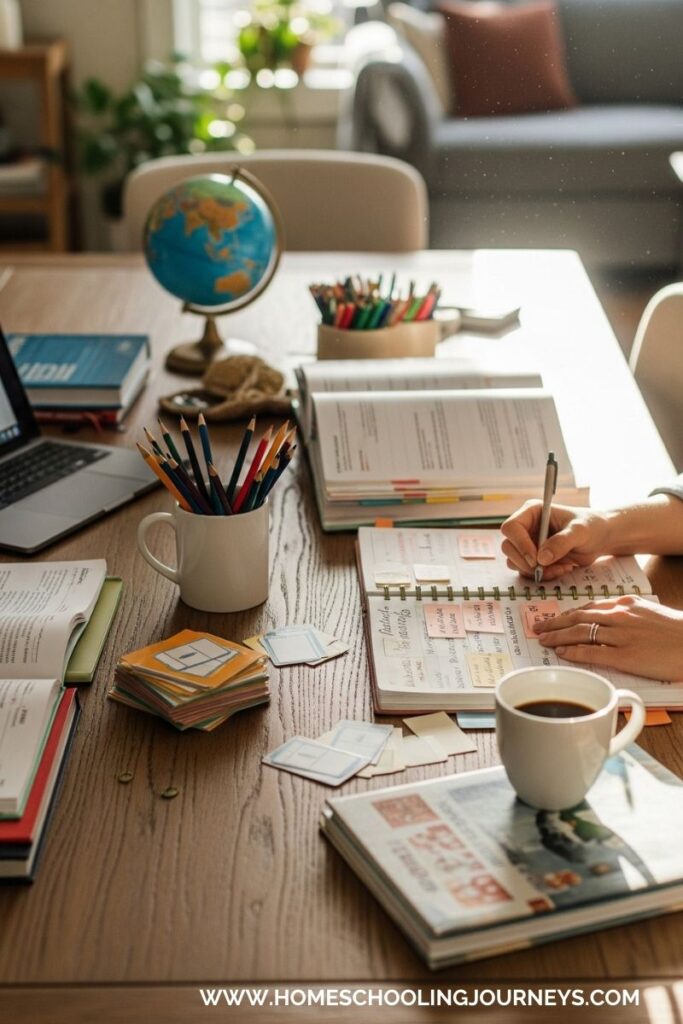 An image of mom working at a desk preparing for the homeschool day.
