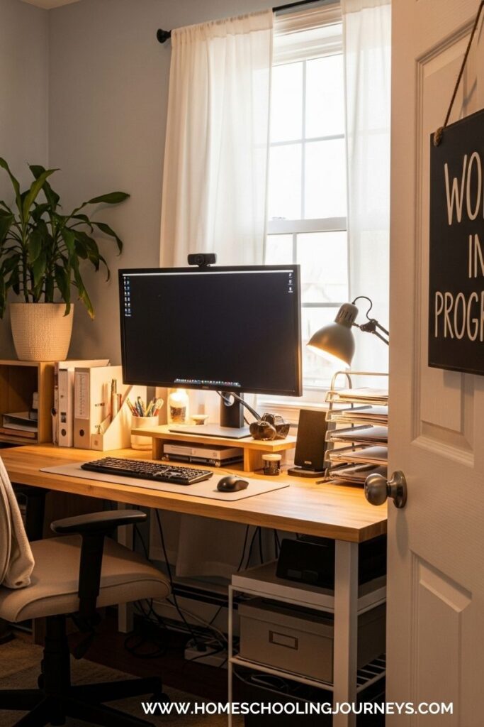 An image of a work area for mom to plan. A desk with a computer and filing area. 