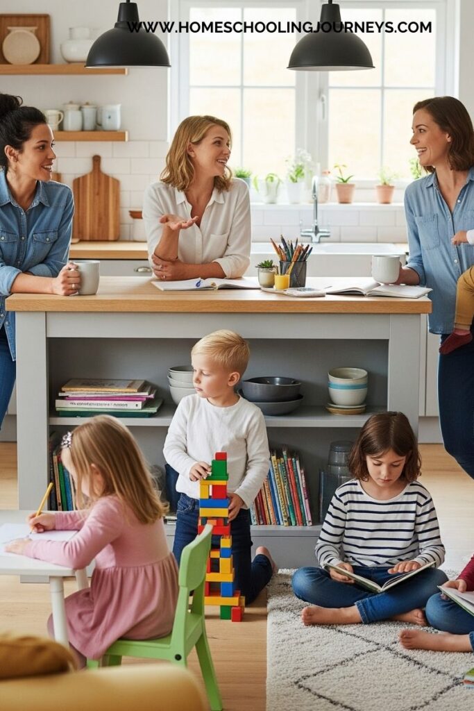 An image of a group of homeschool moms talking and kids reading, or playing with lego. 