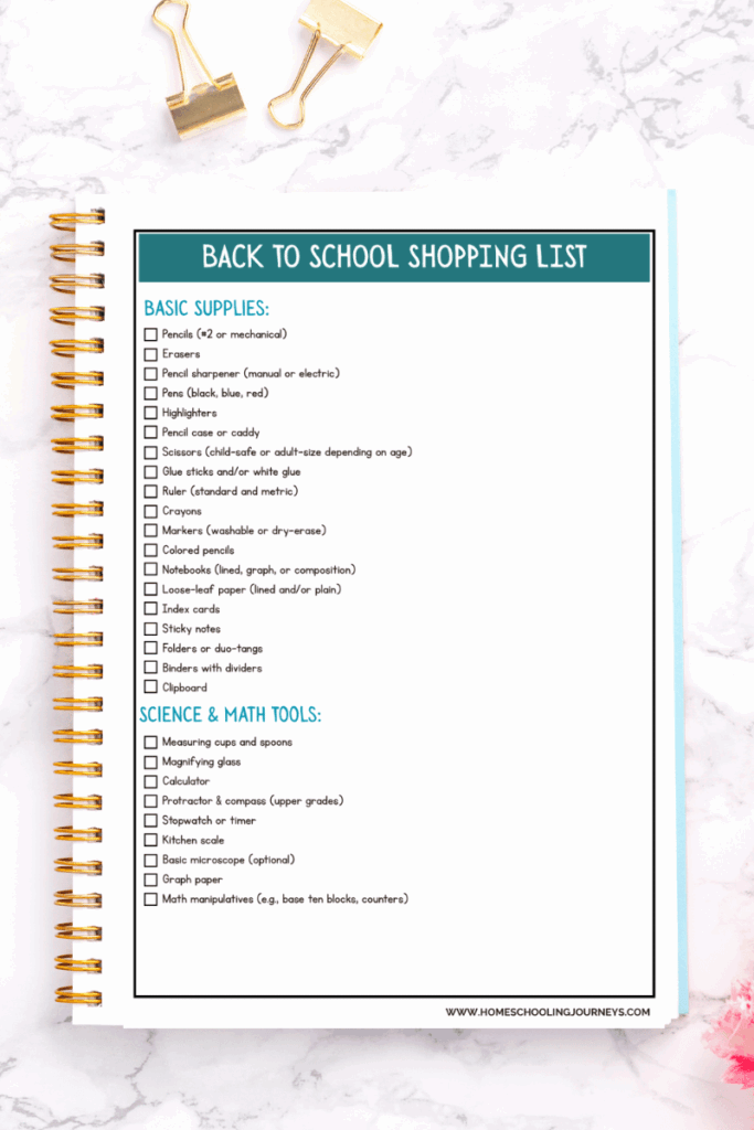 A checklist of items needed in a homeschool classroom. 