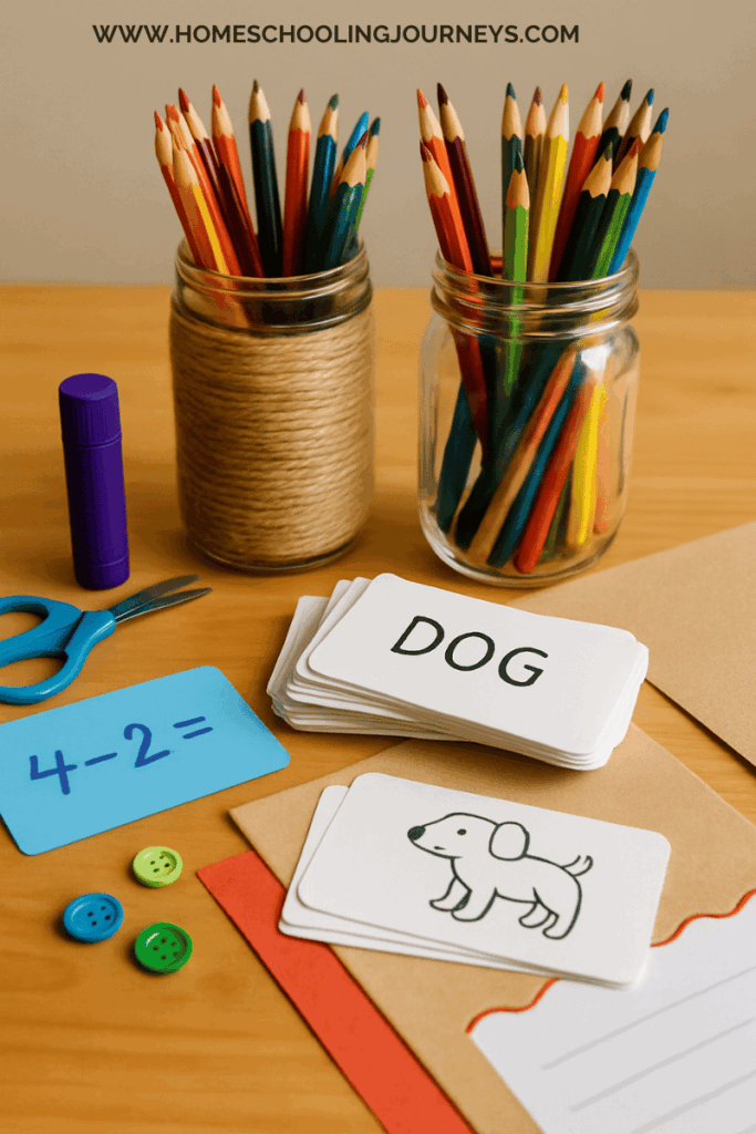 An image of using jars to store writing tools, and index cards used to make sight words. 