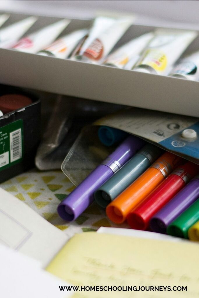 The image shows a desk with school supplies for homeschool class. 