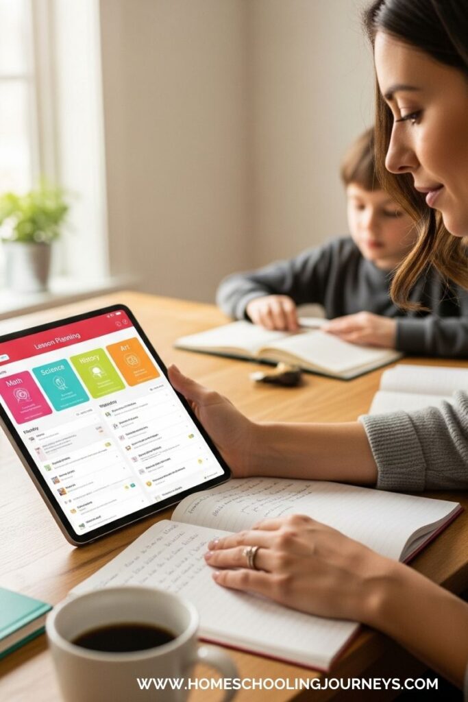 An image of a mom and child at a table. Mom is looking over the lesson plan in an app.  