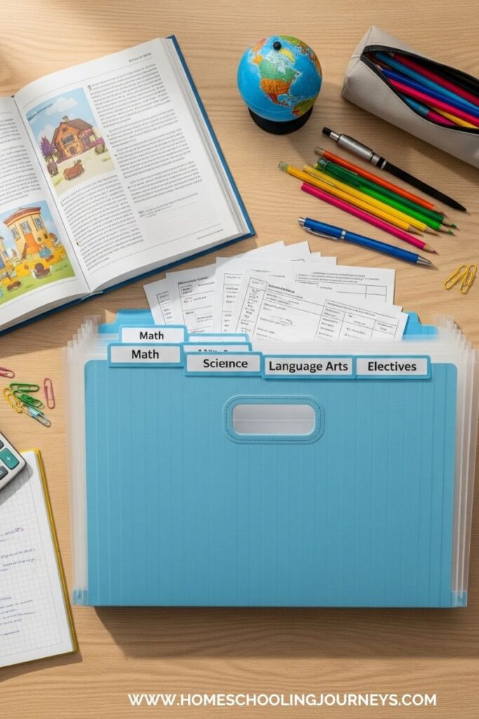 An image of expandable folder with a child's work and assessment. 