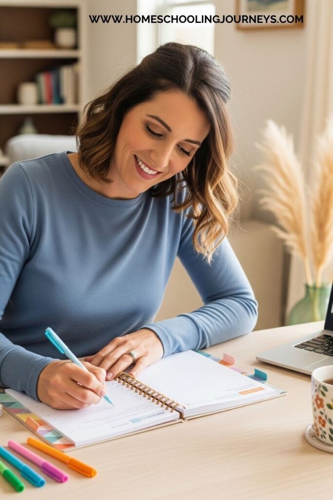 An image of a mother filling in. a planner. 