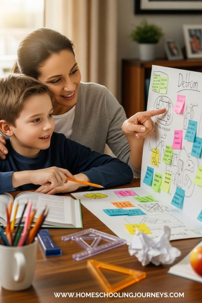 An image of mom learning with her son at a table.  