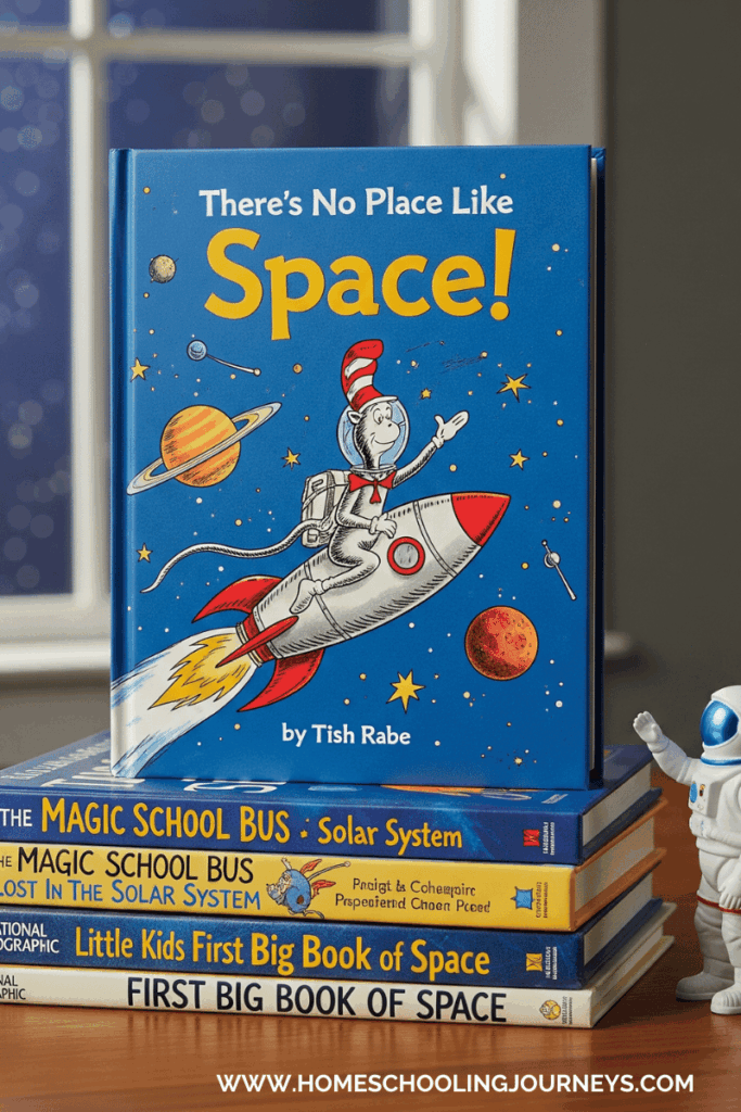 An image of kids books on space.  