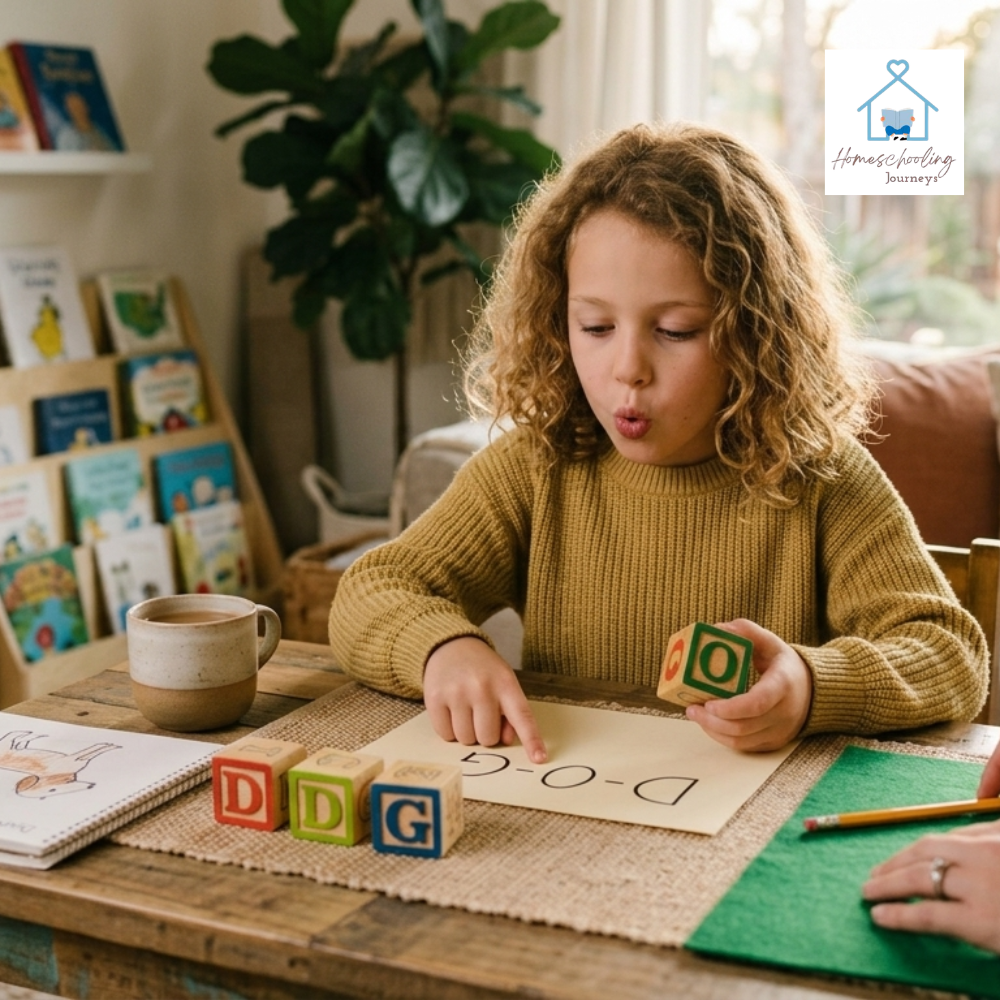 child sounding out words using phonics decoding skills