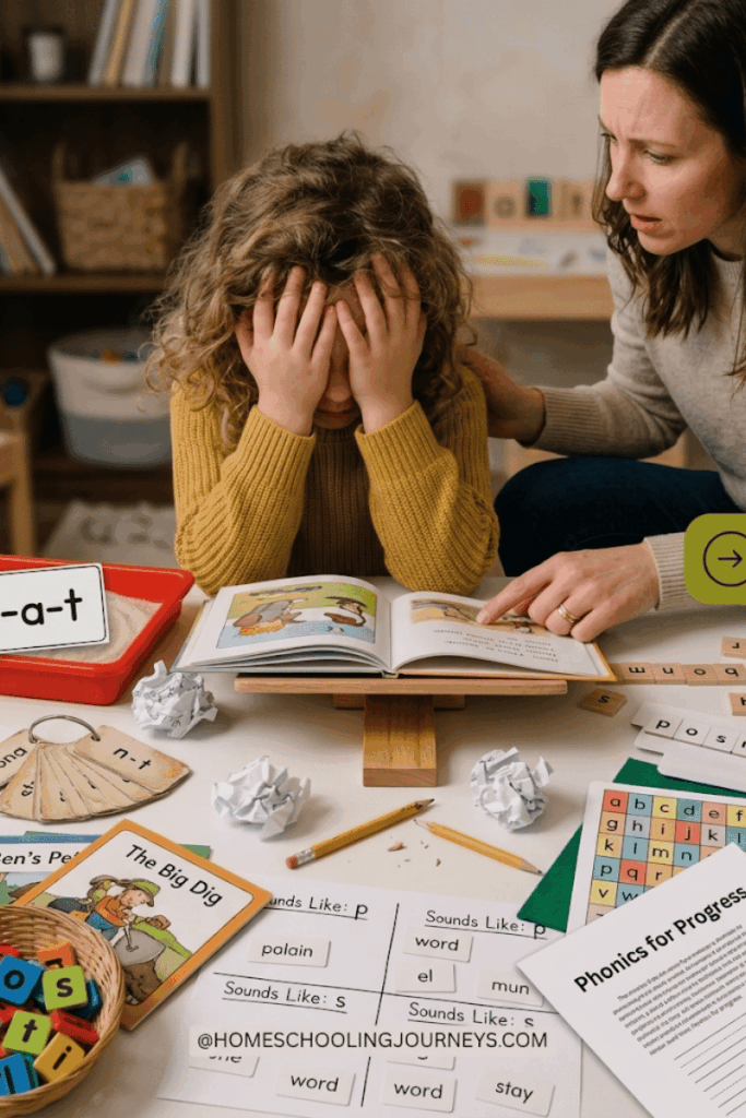 Child feeling frustrated while learning to read with messy homeschool materials on table