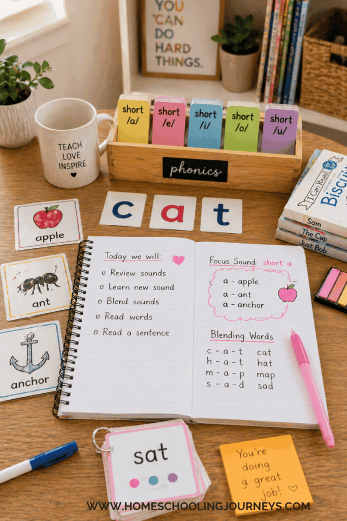A table with flashcards, notebook, and decodable books.
