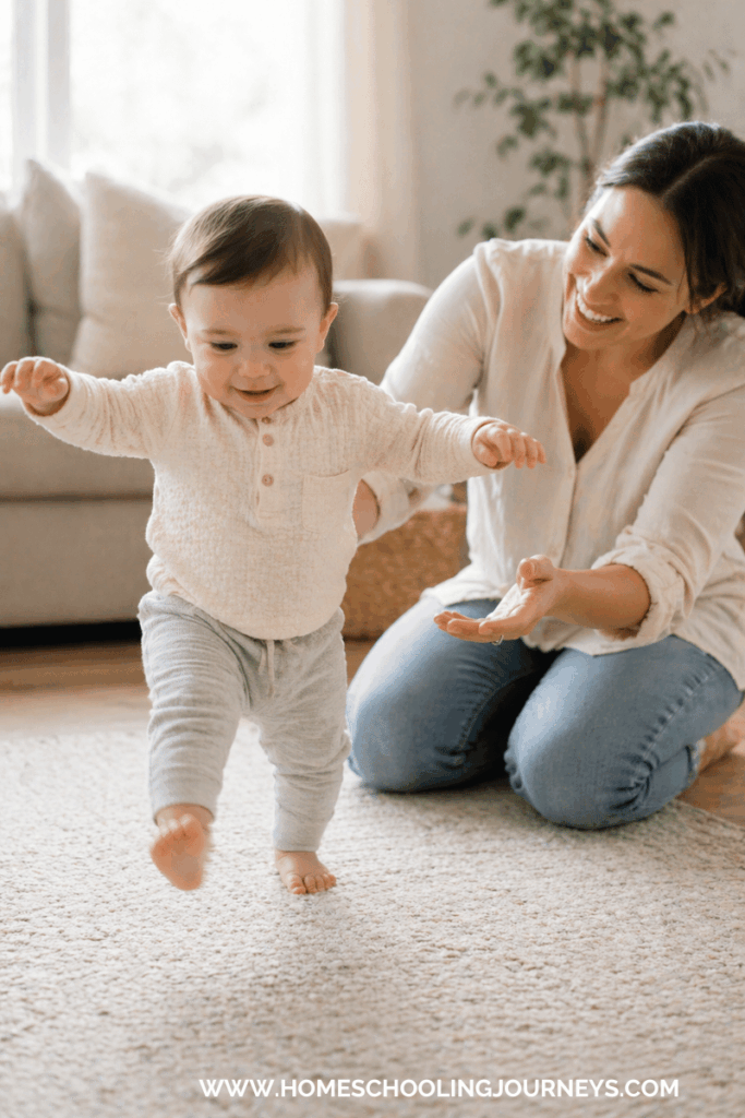 A parent teaching a baby to walk. 