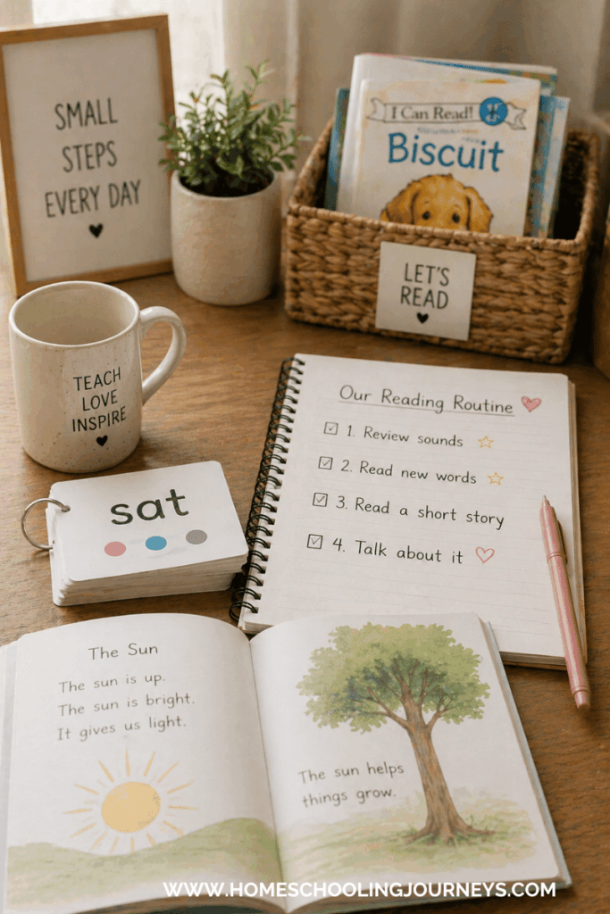 A desk with the reading routine checklist, decodable readers, and flashcards. 