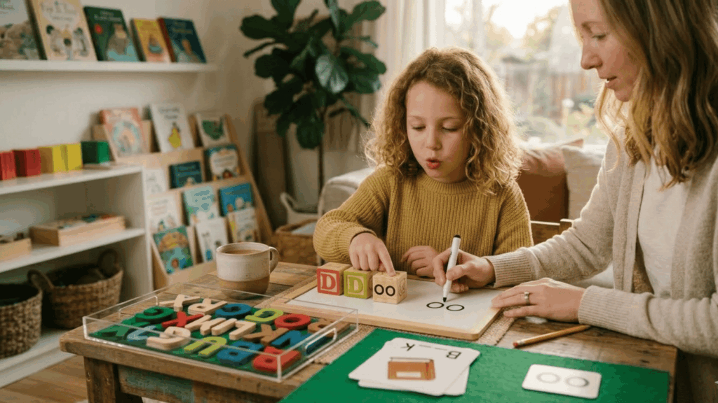 Parent supporting a child during a structured literacy reading lesson at home.