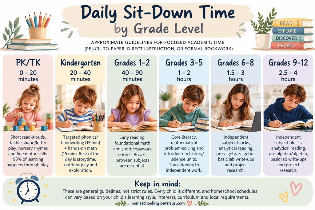 Homeschool hours by grade level chart showing suggested daily learning times from preschool through high school.