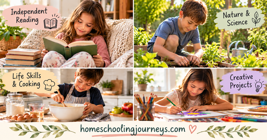 Collage of homeschool activities including independent reading, gardening, cooking, and creative projects that encourage hands-on learning.