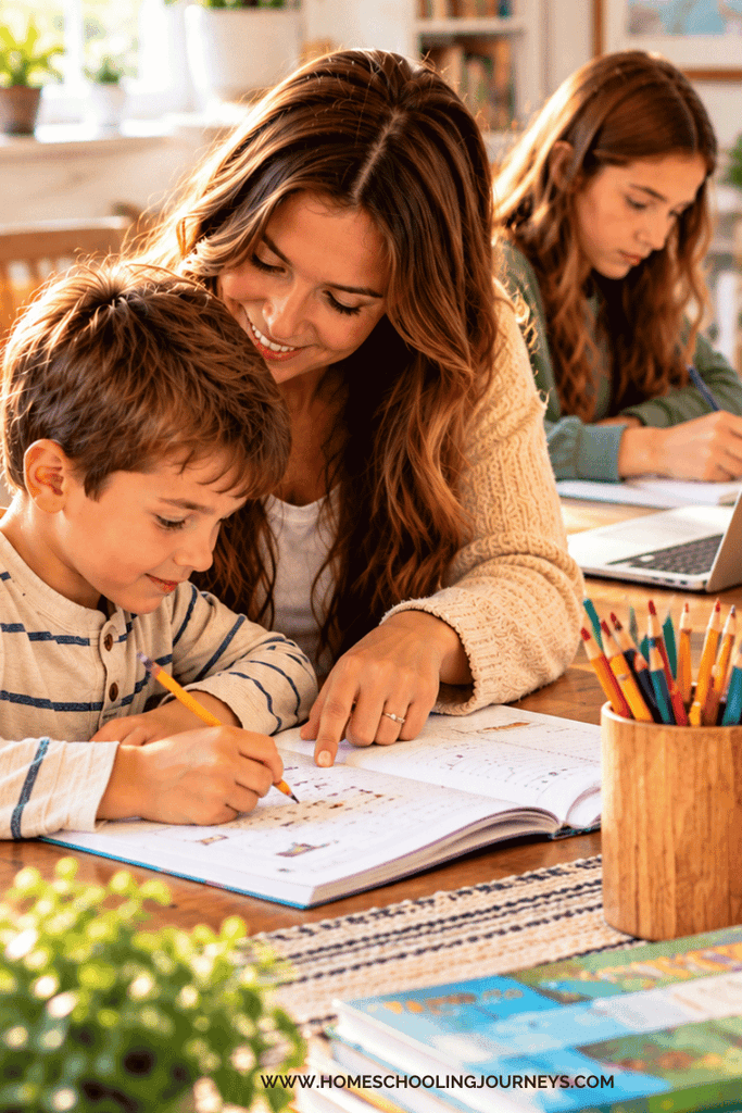 Mother helping her younger child with homeschool lessons while an older child works independently at the same table.